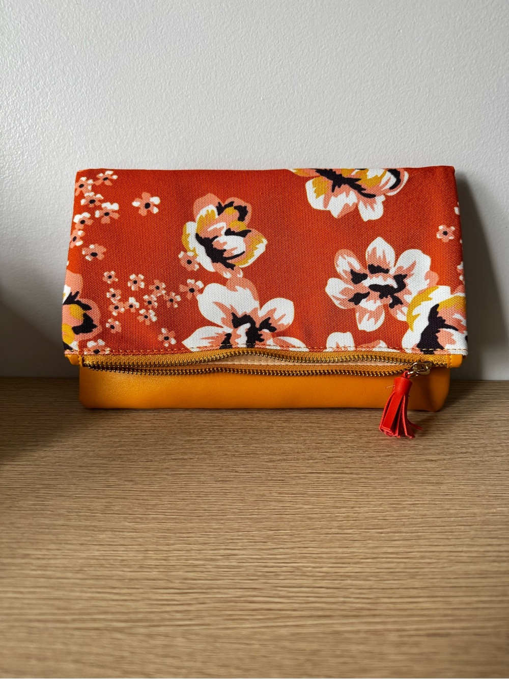 Rachel Pally Orange Floral Fold-Over Clutch with Mustard Base